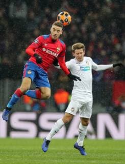 MOSCOW, RUSSIA â€“ NOVEMBER 27, 2018: CSKA Moscow s Nikola Vlasic (L) and Viktoria Plzen s Patrik Hrosovsky in action in their 2018 19 UEFA Champions League Group G Round 5 football match at Luzhniki Stadium. Sergei Bobylev TASS  TS098FF6