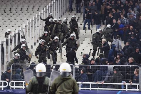 ATHENS, Olympic Stadium, AEK Athens FC - Ajax , football, Champions League, season 2018-2019, 27-11-2018, Policemen with Ajax supporters before the game AEK Athens - Ajax . AEK Athens - Ajax  x2649671x