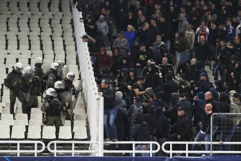 ATHENS, Olympic Stadium, AEK Athens FC - Ajax , football, Champions League, season 2018-2019, 27-11-2018, Ajax fans fighting with police on the stands during the game AEK Athens - Ajax . AEK Athens - Ajax  x2649672x