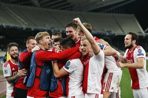 ATHENS, Olympic Stadium, AEK Athens FC - Ajax , football, Champions League, season 2018-2019, 27-11-2018, Ajax and Ajax player Donny van de Beek celebrating the 0-1 during the game AEK Athens - Ajax . AEK Athens - Ajax  x2649714x