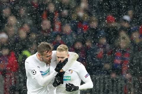 Sport Bilder des Tages MOSCOW, RUSSIA â€“ NOVEMBER 27, 2018: Viktoria Plzen s Tomas Chory (L) and Roman Prochazka celebrate scoring in their 2018 19 UEFA Champions League Group G Round 5 football match against FC CSKA Moscow at Luzhniki Stadium. Sergei Bobylev TASS  TS099003