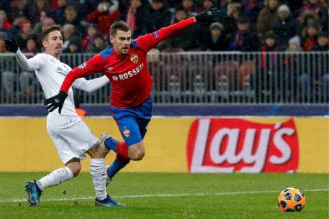 MOSCOW, RUSSIA â€“ NOVEMBER 27, 2018: Viktoria Plzen s Milan Petrzela (L) and CSKA Moscow s Georgy Shchennikov fight for the ball in their 2018 19 UEFA Champions League Group G Round 5 football match at Luzhniki Stadium. Tatyana Makeyeva TASS  TS098FFE