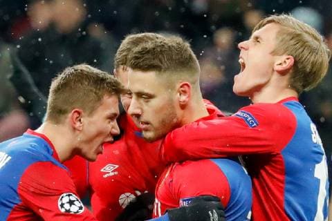 MOSCOW, RUSSIA â€“ NOVEMBER 27, 2018: CSKA Moscow s players celebrate scoring in their 2018 19 UEFA Champions League Group G Round 5 football match against FC Viktoria Plzen at Luzhniki Stadium. Sergei Bobylev TASS  TS098FFF