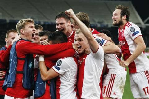 ATHENS, Olympic Stadium, AEK Athens FC - Ajax , football, Champions League, season 2018-2019, 27-11-2018, Ajax player Donny van de Beek (C) celebrating the 0-2 during the game AEK Athens - Ajax . AEK Athens - Ajax  x2649804x