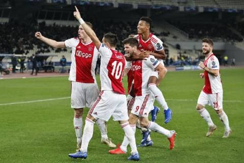 ATHENS, Olympic Stadium, AEK Athens FC - Ajax , football, Champions League, season 2018-2019, 27-11-2018, Ajax player Dusan Tadic (C) and Ajax player Klaas Jan Huntelaar and Ajax player Matthijs de Ligt (LL) and Ajax player David Neres (R) celebrating the 0-2 during the game AEK Athens - Ajax . AEK Athens - Ajax  x2649805x