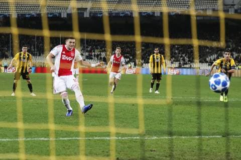 ATHENS, Olympic Stadium, AEK Athens FC - Ajax , football, Champions League, season 2018-2019, 27-11-2018, Ajax player Dusan Tadic scores 0-1 during the game AEK Athens - Ajax (0-2) . AEK Athens - Ajax  x2649807x