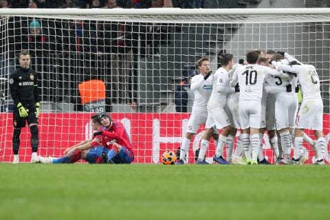 MOSCOW, RUSSIA â€“ NOVEMBER 27, 2018: Viktoria Plzen s players celebrate scoring in their 2018 19 UEFA Champions League Group G Round 5 football match against FC CSKA Moscow at Luzhniki Stadium. Sergei Bobylev TASS  TS099005