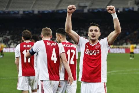 ATHENS, Olympic Stadium, AEK Athens FC - Ajax , football, Champions League, season 2018-2019, 27-11-2018, Ajax player Dusan Tadic (R) celebrating his 0-1 during the game AEK Athens - Ajax . AEK Athens - Ajax  x2649815x
