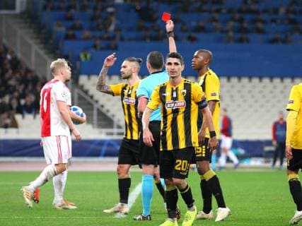 AEK Athens v Ajax Amsterdam UEFA Champions League Marko Livaja of AEK Athens see the red card by match referee Michael Oliver during the UEFA Champions League match at Olympic Stadium, Athens Content Not Available For UK Newspapers Copyright: xYannisxHalasx FIL-12606-0034