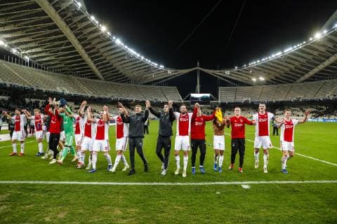 (l-r) Klaas Jan Huntelaar of Ajax, Zakaria Labyad of Ajax, Vaclav Cerny of Ajax, Rasmus Kristensen of Ajax, Kasper Dolberg of Ajax, Ajax goalkeeper Andre Onana, Donny van de Beek of Ajax, Dusan Tadic of Ajax, Noussair Mazraoui of Ajax, Lasse Schone of Ajax, Maximilian Wober of Ajax, Perr Schuurs of Ajax, Daley Blind of Ajax, Matthijs de Ligt of Ajax, David Neres of Ajax , Frenkie de Jong of Ajax during the UEFA Champions League group E match between AEK FC and Ajax Amsterdam at the OAKA Spyros Louis on November 27, 2018 in Athens, Greece UEFA Champions League 2018 2019 xVIxVIxImagesx xMauricexvanxSteenxIVx 12908882