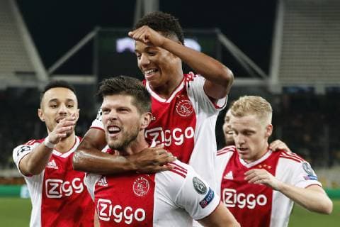 ATHENS, Olympic Stadium, AEK Athens FC - Ajax , football, Champions League, season 2018-2019, 27-11-2018, Ajax player Klaas Jan Huntelaar (L) and Ajax player David Neres celebrating the 0-2 during the game AEK Athens - Ajax . AEK Athens - Ajax  x2649887x