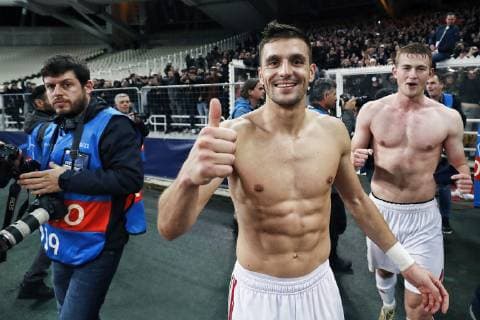 ATHENS, Olympic Stadium, AEK Athens FC - Ajax , football, Champions League, season 2018-2019, 27-11-2018, Ajax player Dusan Tadic (R) (C) celebrating the win after the game AEK Athens - Ajax . AEK Athens - Ajax  x2649899x