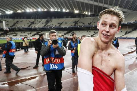 ATHENS, Olympic Stadium, AEK Athens FC - Ajax , football, Champions League, season 2018-2019, 27-11-2018, Ajax player Frenkie de Jong (R) celebrating after the game AEK Athens - Ajax . AEK Athens - Ajax  x2649919x