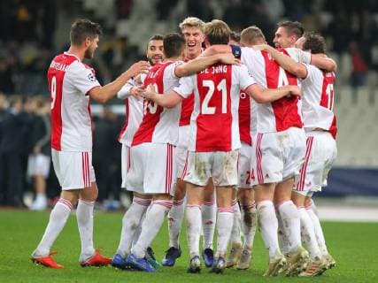 AEK Athens v Ajax Amsterdam UEFA Champions League Ajax Amsterdam players celebrate their win at the end of UEFA Champions League match at Olympic Stadium, Athens Content Not Available For UK Newspapers Copyright: xYannisxHalasx FIL-12606-0041