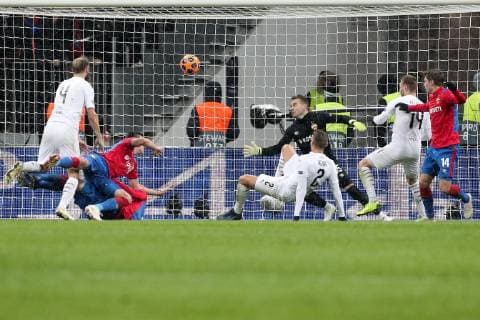 MOSCOW, RUSSIA â€“ NOVEMBER 27, 2018: CSKA Moscow s goalkeeper Igor Akinfeev (C) concedes a goal in their 2018 19 UEFA Champions League Group G Round 5 football match against FC Viktoria Plzen at Luzhniki Stadium. Sergei Bobylev TASS  TS099009