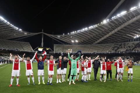 ATHENS, Olympic Stadium, AEK Athens FC - Ajax , football, Champions League, season 2018-2019, 27-11-2018, Ajax celebrating the win after the game AEK Athens - Ajax (0-2) . AEK Athens - Ajax  x2650015x