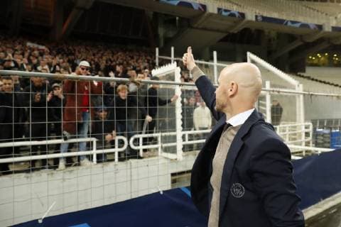 Ajax coach Erik ten Hag with fans of Ajax during the UEFA Champions League group E match between AEK FC and Ajax Amsterdam at the OAKA Spyros Louis on November 27, 2018 in Athens, Greece UEFA Champions League 2018 2019 xVIxVIxImagesx xMauricexvanxSteenxIVx 12909187
