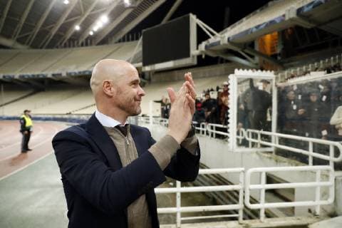 Ajax coach Erik ten Hag with fans of Ajax during the UEFA Champions League group E match between AEK FC and Ajax Amsterdam at the OAKA Spyros Louis on November 27, 2018 in Athens, Greece UEFA Champions League 2018 2019 xVIxVIxImagesx xMauricexvanxSteenxIVx 12909188