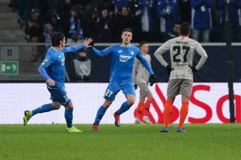 v li Nico Schulz Hoffenheim 16 scorer Andrej Kramaric Hoffenheim 27 Maycon de Andrade Barberan Donezk 27 cheer on goal to 1 2 cheers goal celebration celebrate the goal goal celebration cheer on goal optimistic game scene highlight action action football UEFA Champions League TSG 1899 Hoffenheim FK Schachtar Donezk xozx