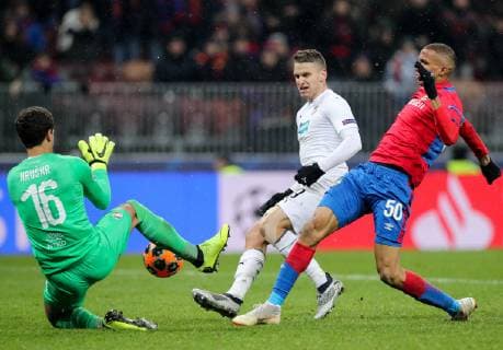 MOSCOW, RUSSIA â€“ NOVEMBER 27, 2018: Viktoria Plzen s goalkeeper Ales Hruska, Jan Kovarik and CSKA Moscow s Rodrigo Becao (L-R) in action in their 2018 19 UEFA Champions League Group G Round 5 football match at Luzhniki Stadium. Sergei Bobylev TASS  TS099013