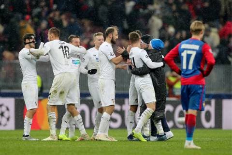 MOSCOW, RUSSIA â€“ NOVEMBER 27, 2018: Viktoria Plzen s players celebrate winning their 2018 19 UEFA Champions League Group G Round 5 football match against FC CSKA Moscow at Luzhniki Stadium. Sergei Bobylev TASS  TS099014