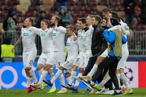 MOSCOW, RUSSIA â€“ NOVEMBER 27, 2018: Viktoria Plzen s players celebrate winning their 2018 19 UEFA Champions League Group G Round 5 football match against FC CSKA Moscow at Luzhniki Stadium. Sergei Bobylev TASS  TS099019
