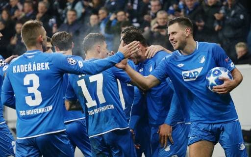 Sinsheim Football Champions League TSG Hoffenheim vs. Schachtar Donezk JubelHoffenheim after goal to 2 2 from left Pavel Kaderabek Steven Zuber Adam Szalai