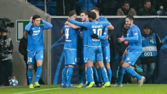 TSG 1899 Hoffenheim players cheer on goal 2 2 cheers goal celebration celebrate the goal goal celebration cheers about goal optimistic game scene highlight action action football UEFA Champions League TSG 1899 Hoffenheim FK Schachtar Donezk xozx