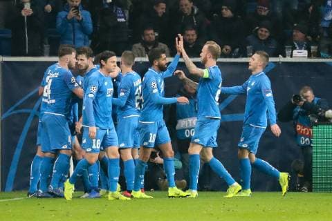 TSG 1899 Hoffenheim players cheer on goal 2 2 cheers goal celebration celebrate the goal goal celebration cheers about goal optimistic game scene highlight action action football UEFA Champions League TSG 1899 Hoffenheim FK Schachtar Donezk xozx