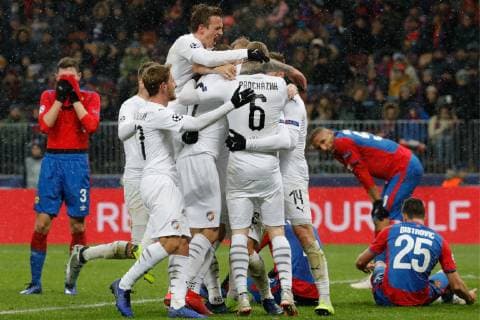MOSCOW, RUSSIA â€“ NOVEMBER 27, 2018: Viktoria Plzen s players celebrate winning their 2018 19 UEFA Champions League Group G Round 5 football match against FC CSKA Moscow at Luzhniki Stadium. Tatyana Makeyeva TASS  TS099021