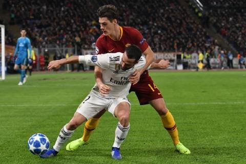Dani Carvajal of Real Madrid and Patrik Schick of AS Roma compete for the ball during the Uefa Champions League 2018 2019 Group G football match between AS Roma and Real Madrid at Olimpico stadium Allianz Stadium, Rome, November, 27, 2018 Foto Andrea Staccioli Insidefoto andreaxstaccioli