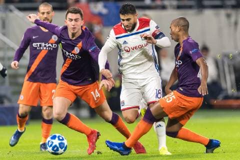 (L-R) Aymeric Laporte of Manchester City Nabil Fekir of Olympique Lyonnais, Fernandinho Luiz Roza of Manchester City during the UEFA Champions League group F match between Olympique Lyonnais and Manchester City at Stade de Lyon on November 27, 2018 in Decines, France UEFA Champions League 2018 2019 xVIxVIxImagesx xGerritxvanxKeulenxIVx 12909653