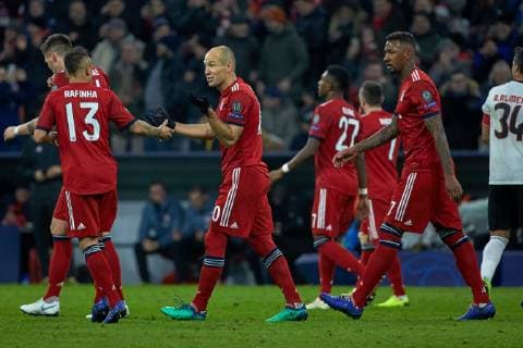 Munich Germany 27 11 2018 UEFA Champions League 2018 19 Season Group Phase Group E 5 Matchday FC Bayern Muenchen Benfica Lisbon cheers goal cheers for the 2 0 of Rafinha FCB Arjen Robben FCB and Jerome Boateng FCB DeFodi501