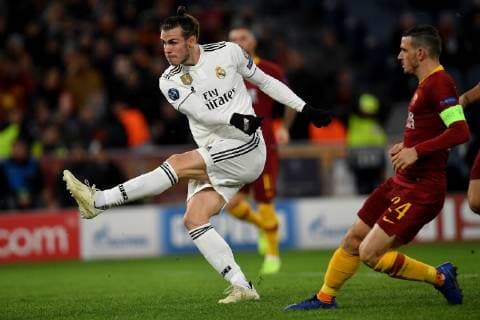 Gareth Bale of Real Madrid scores goal of 0-1 for his team during the Uefa Champions League 2018 2019 Group G football match between AS Roma and Real Madrid at Olimpico stadium Allianz Stadium, Rome, November, 27, 2018 Foto Andrea Staccioli Insidefoto andreaxstaccioli