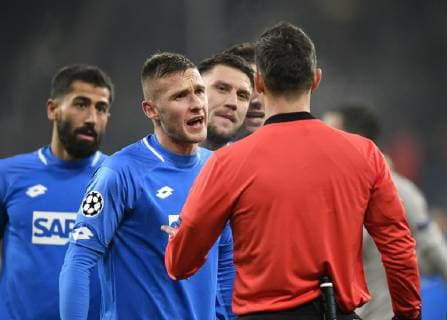 Referee RefereeIvan Kruzliak SVK shows Adam Szalai TSG 1899 Hoffenheim yellow red card in conversation Discussion with Kevin Vogt TSG 1899 Hoffenheim Pavel Kaderabek TSG 1899 Hoffenheim Kerem Demirbay TSG 1899 Hoffenheim
