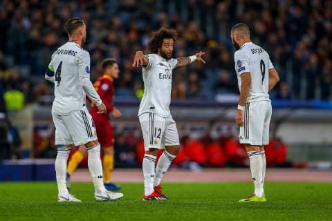 27th November 2018, Stadio Olimpico, Rome, Italy; UEFA Champions League football, AS Roma versus Real Madrid; Marcelo of Real Madrid gives instructions to his teammates Sergio Ramos and Karim Benzema  ActionPlus12083551 GiampieroxSposito