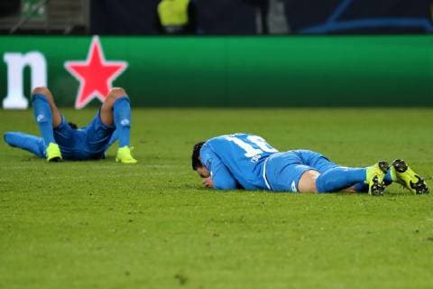 v left Kerem Demirbay Hoffenheim 10 and Nico Schulz Hoffenheim 16 disappointed looking disappointment frustration disappointed pessimistic soccer UEFA Champions League TSG 1899 Hoffenheim FK Schachtar Donezk on the ground disappointed xozx