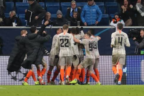 FC Shakhtar Donetsk players Schachtar Donezk cheer on goal 2 3 cheers goal celebration celebrate the goal goal celebration cheers about goal optimistic game scene highlight action action football UEFA Champions League TSG 1899 Hoffenheim FK Schachtar Donezk xozx