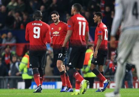 Manchester United ManU s Marouane Fellaini celebrates after scoring his teams first goal during the UEFA Champions League match at Old Trafford, Manchester. Picture date 27th November 2018. Picture credit should read: Matt McNulty Sportimage EDITORIAL USE ONLY. No use with unauthorised audio, video, data, fixture lists, club league logos or live services. Online in-match use limited to 120 images, no video emulation. No use in betting, games or single club league player publications.