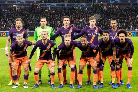 (BL-R) Kyle Walker of Manchester City, goalkeeper Ederson Moraes of Manchester City, Aymeric Laporte of Manchester City, John Stones of Manchester City , Fernandinho Luiz Roza of Manchester City (FL-R) Sergio Aguero of Manchester City, David Silva of Manchester City, Oleksandr Zinchenko of Manchester City, Raheem Sterling of Manchester City, Riyad Mahrez of Manchester City, Leroy Sane of Manchester City during the UEFA Champions League group F match between Olympique Lyonnais and Manchester City at Stade de Lyon on November 27, 2018 in Decines, France UEFA Champions League 2018 2019 xVIxVIxImagesx xGerritxvanxKeulenxIVx 12911031