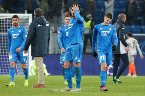v li Vincenzo Grifo Hoffenheim 32 Pavel Kaderabek Hoffenheim 3 Ishak Belfodil Hoffenheim 19 Andrej Kramaric Hoffenheim 27 disappointed at defeat disappointment after final whistle highlight losers lost frustration disappointed pessimistic football UEFA Champions League TSG 1899 Hoffenheim FK Schachtar Donezk xozx