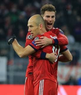 27 11 2018 Champions League Season 2018 2019 Bavaria vs Benfica Lisbon Allianz Arena Munich Sport in picture Leon Goretzka FCB cheers with Arjen Robben FCB DFL REGULATIONS PROHIBIT ANY USE OF PHOTOGRAPHS AS IMAGE SEQUENCES AND OR QUASI VIDEO