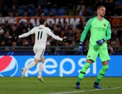 Partido de la Liga de Campeones entre la Roma y el Real Madrid. En la imagen, celebración de Bale tras marcar. Champions League match between Roma and Real Madrid. In this picture, Bale celebrates after scoring. 