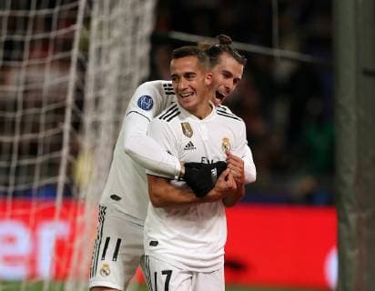Partido de la Liga de Campeones entre la Roma y el Real Madrid. En la imagen, celebración de Lucas Vázquez tras marcar. Champions League match between Roma and Real Madrid. In this picture, Lucas Vázquez celebrates after scoring. 