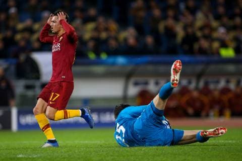 Italy: UEFA Champions League Roma vs Real Madrid 27th November 2018, Stadio Olimpico, Rome, Italy; UEFA Champions League football, AS Roma versus Real Madrid; Thibaut Courtois of Real Madrid makes a save against Cengiz Under of AS Roma . Rome Rome Italy Stadio Olimpico  GiampieroxSposito PacificxPress