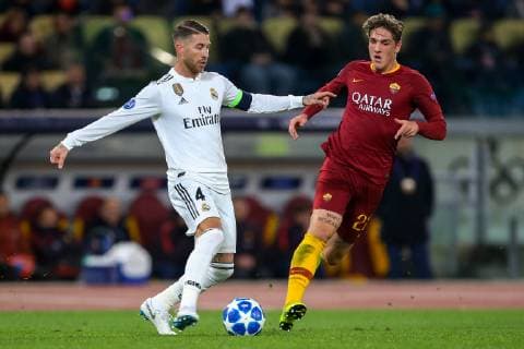 Italy: UEFA Champions League Roma vs Real Madrid 27th November 2018, Stadio Olimpico, Rome, Italy; UEFA Champions League football, AS Roma versus Real Madrid; Sergio ramos of Real Madrid covers the ball from Nicolo Zaniolo of AS Roma . Rome Rome Italy Stadio Olimpico  GiampieroxSposito PacificxPress