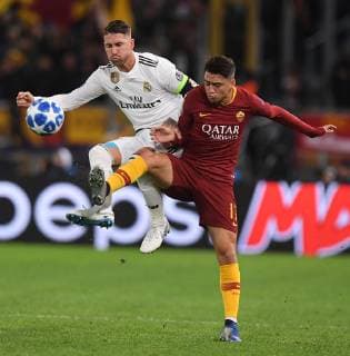 (181128) -- ROME, Nov. 28, 2018 -- As Roma s Cengiz Under (R) vies with Real Madrid s Sergio Ramos during a group G match of UEFA Champions League between Roma and Real Madrid, in Rome, Italy, Nov. 27, 2018. Real Madrid won 2-0. ) (SP)ITALY-ROME-SOCCER-UEFA CHAMPIONS LEAGUE-ROMA VS REAL MADRID AlbertoxLingria 