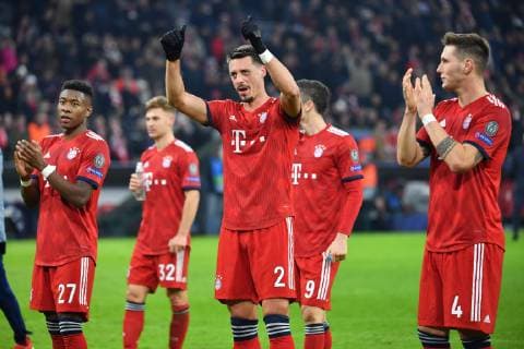 David ALABA Bayern Muenchen Joshua KIMMICH Bayern Muenchen Sandro WAGNER Bayern Muenchen Niklas SUELE Bayern Muenchen Jubel Freude Begeisterung Aktion FC Bayern Muenchen M Benfica Lisbon 5 1 Football Champions League Group E am 27 11 2018 A L L I A N Z A R E N A DFL REGULATIONS PROHIBIT ANY USE OF PHOTOGRAPHS AS IMAGE SEQUENCES AND OR QUASI VIDEO