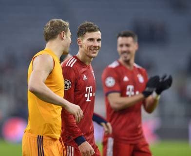 27 11 2018 Football UEFA Champions League 2018 2019 Group Phase 5 Matchday FC Bayern Munich Benfica Lisbon at Allianz Arena Munich v l Goalkeeper Manuel Neuer FC Bayern Munich and Leon Goretzka FC Bayern Munich are happy after the match DFL and DFB regulations prohibit any use of photographs as image sequences and or quasi video