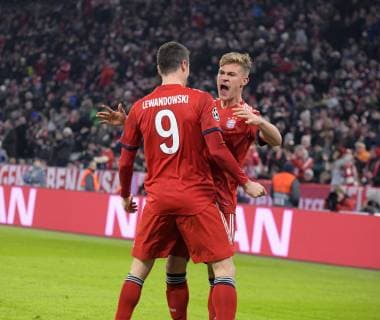27 11 2018 Football UEFA Champions League 2018 2019 Group stage 5 Matchday FC Bayern Munich Benfica Lisbon at the Allianz Arena Munich Goal celebration Robert Lewandowski FC Bayern Munich with Joshua Kimmich FC Bayern Munich DFL and DFB regulations prohibit any use of photographs as image sequences and or quasi video